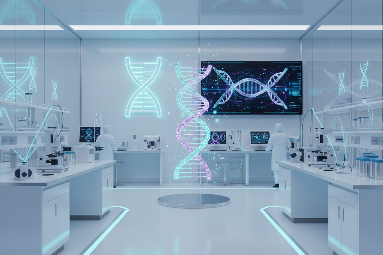 make me a cool image of a lab with dna logos